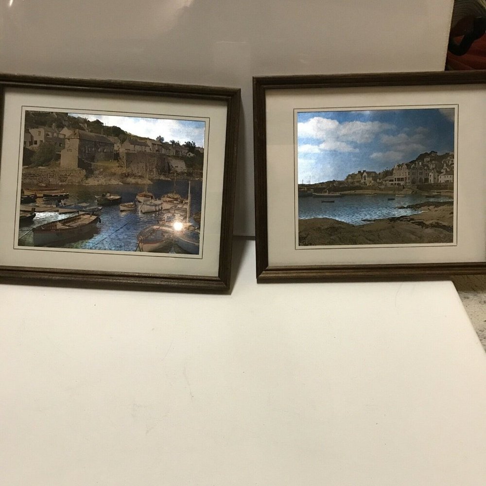 2 VINTAGE  FJW DUFEX FOIL CLIPPER SHIP HOUSES ART PRINTS - ENGLAND FRAMED GOOD